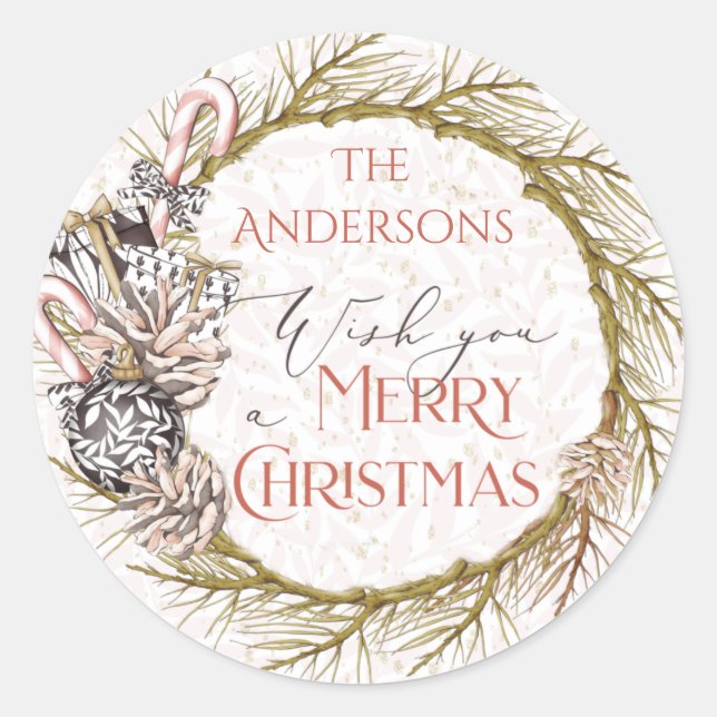 Adesivo Redondo Country Pine Candy Cane Feliz Natal (Frente)