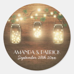 Adesivo Redondo Country Rustic Lights Mason Jar Wedding Faves