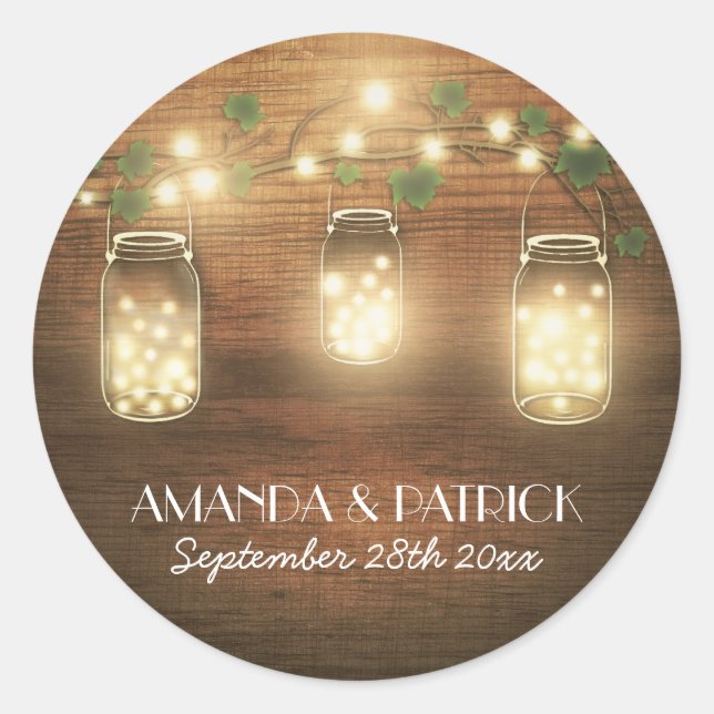 Adesivo Redondo Country Rustic Lights Mason Jar Wedding Faves (Frente)
