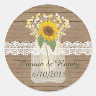 Adesivo Redondo Country Rustic Mason Jar Sunflower Stickers