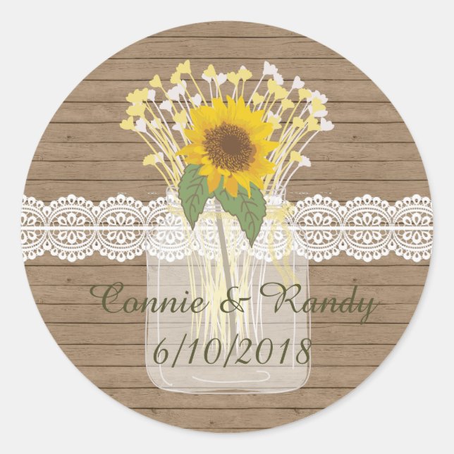 Adesivo Redondo Country Rustic Mason Jar Sunflower Stickers (Frente)