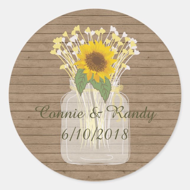 Adesivo Redondo Country Rustic Mason Jar Sunflower Stickers (Frente)