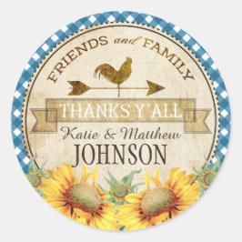 Adesivo Redondo Country Sunflower Blue Gingham Check Obrigado