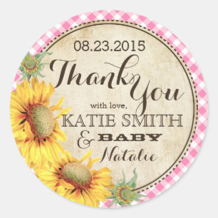 Adesivo Redondo Country Sunflower e Gingham Check Obrigado