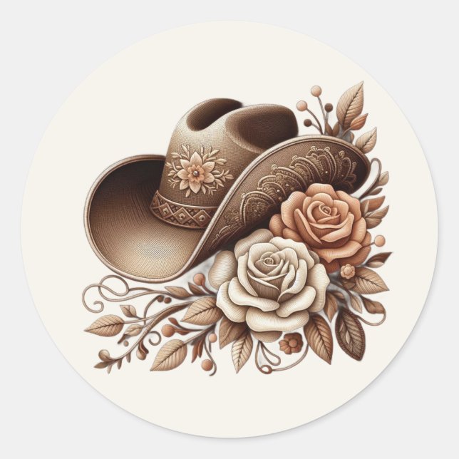 Adesivo Redondo Country Western Cowgirl Hat com Flores (Frente)