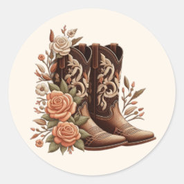 Adesivo Redondo Country Western Flowers com Botas de Cowboy
