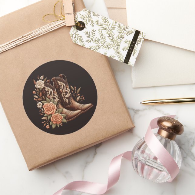 Adesivo Redondo Country Western Flowers com Botas de Cowboy (Presentear)