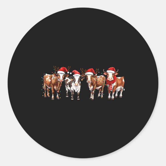Adesivo Redondo Cow Reindeer Santa Hat Christmas Light Funny Cows  (Frente)