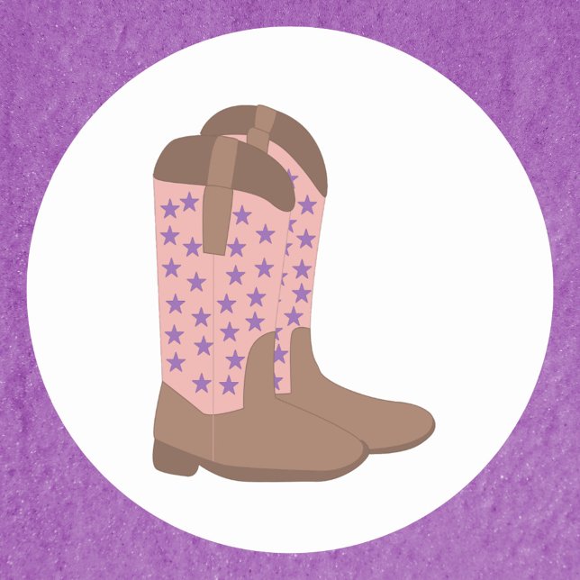 Adesivo Redondo Cowboy Boots Brown Pink com Estrelas Roxas (A sticker with a pair of cowboy boots done in pink and brown with purple stars)
