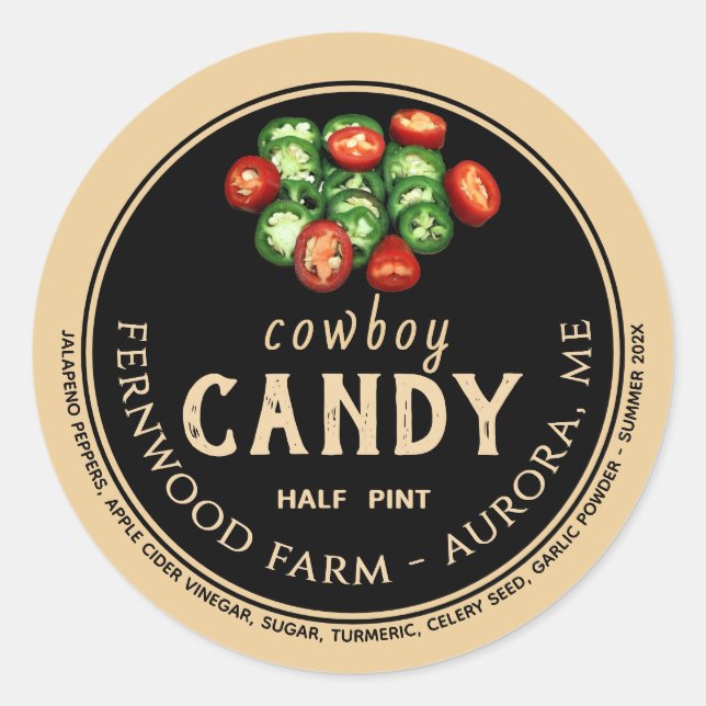 Adesivo Redondo Cowboy Candy Candies Jalapeno Pepper Spicly Jelly (Frente)