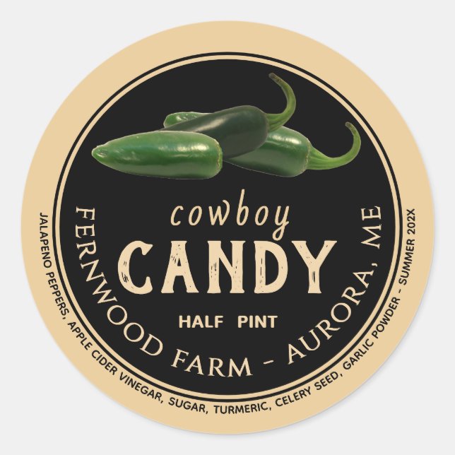 Adesivo Redondo Cowboy Candy Candies Jalapeno Pepper Spicly Jelly (Frente)