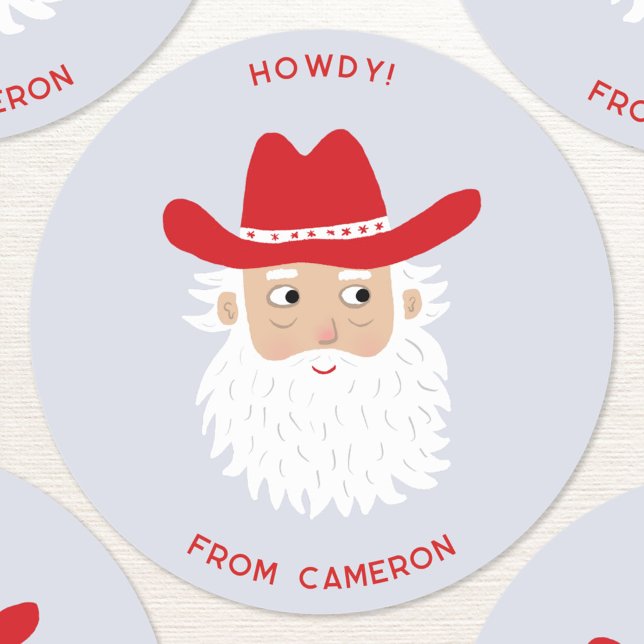 Adesivo Redondo Cowboy Santa Claus Christmas Custom Text (Fun Cowboy Santa Claus Western Christmas Holiday custom text sticker)