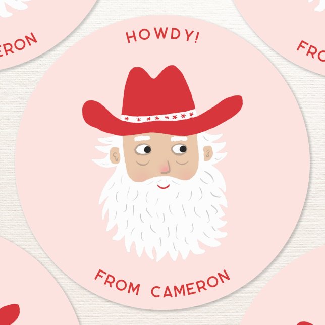 Adesivo Redondo Cowboy Santa Claus Christmas Custom Text Pink (Fun Cowboy Santa Claus Western Christmas Holiday custom text sticker)