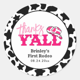 Adesivo Redondo Cowgirl Disco Pink First Rodeo Obrigados Y all