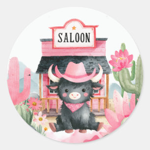 Adesivo Redondo Cowgirl rosa-branca Highland Cow Watercolor Ociden