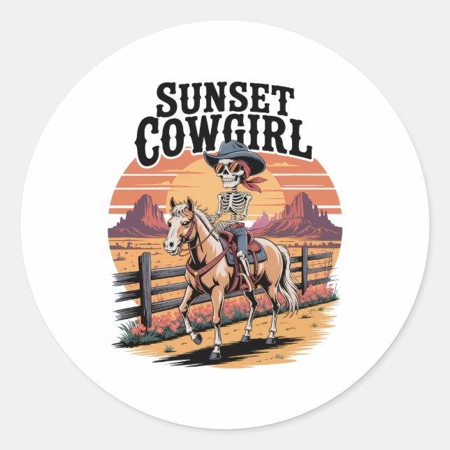 Adesivo Redondo Cowgirl Sunset Skeleton Riding Horse (Frente)