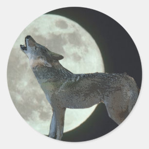 Adesivo Redondo Coyote Howling na Lua
