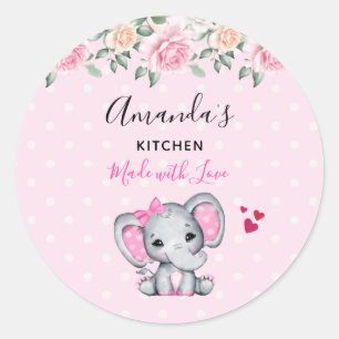 Adesivo Redondo Cozinha de Rosas e Elefante-Bebê-Cor-de-Rosa