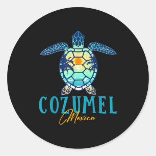 Adesivo Redondo Cozumel México Tartaruga Marinha Palmeiras Pôr do