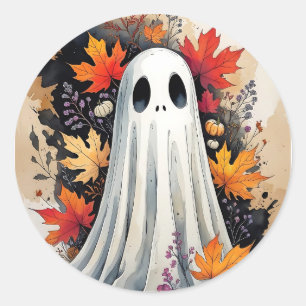 Adesivo Redondo Cozy Autumn Ghost - Kawaii Halloween Watercolor Ar