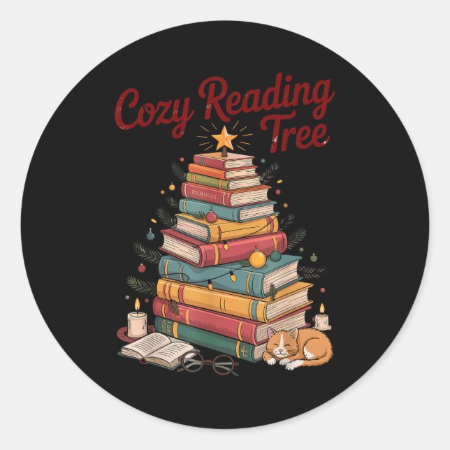 Adesivo Redondo Cozy Christmas Reading Tree Cat Candle Stack Booki (Frente)