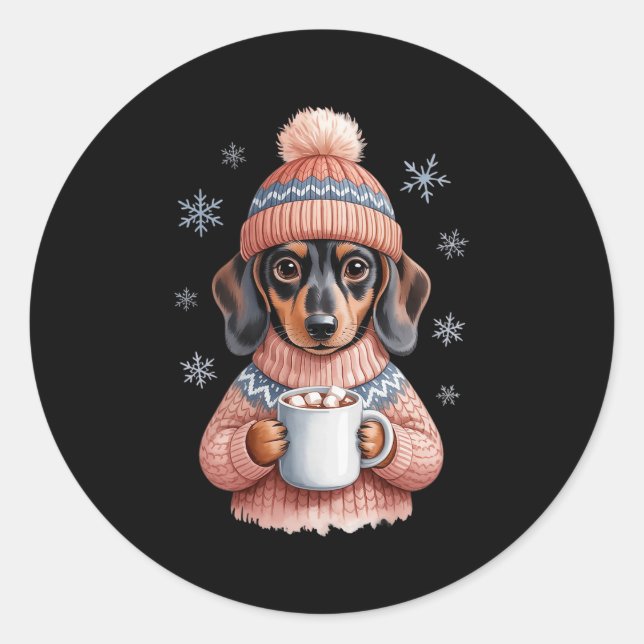 Adesivo Redondo Cozy Dachshund Dog With Hot Cocoa Holiday Winter S (Frente)
