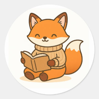 Adesivo Redondo Cozy Fox Reading a Book (Glossy White Background) 