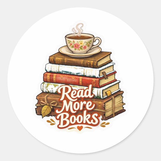 Adesivo Redondo  Cozy "Read More Books" Stack with Tea Sticker (Frente)