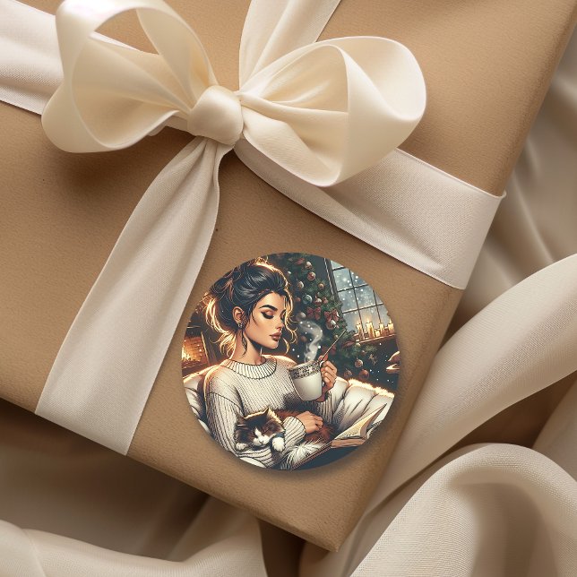 Adesivo Redondo Cozy Scene | Cacau Bebendo feminino com Gato (Criador carregado)