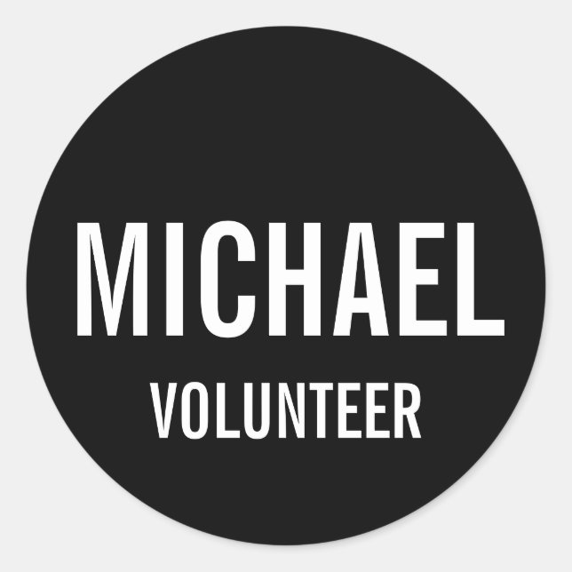 Adesivo Redondo Crachá de Voluntário Negro com Nome Personalizado (Frente)