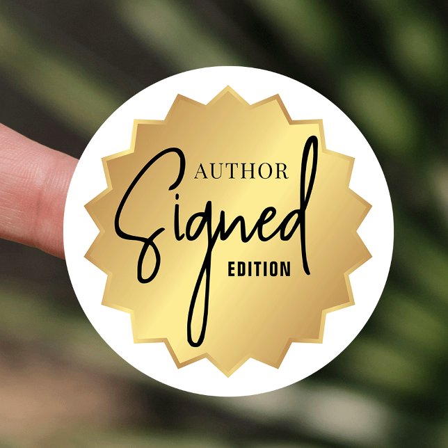 Adesivo Redondo Crachá Dourado de Lançamento do Livro do Autor Edi (Signed by author white and faux gold round sticker design)