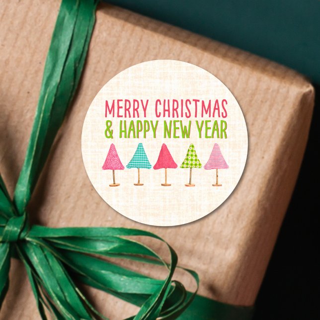 Adesivo Redondo Crafted Christmas Trees, Pink Red Green Linen (Criador carregado)