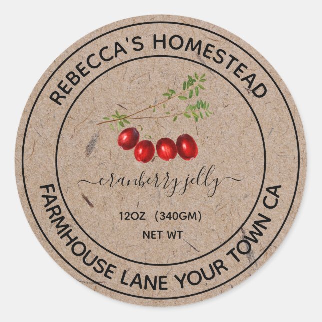 Adesivo Redondo Cranberry Jelly Kraft Papelão de conservas (Frente)