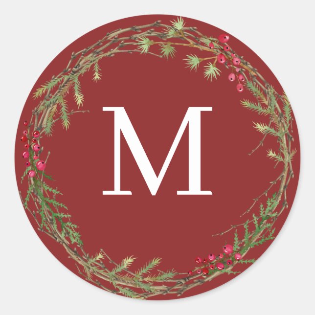 Adesivo Redondo Cranberry Red Rustic Christmas Wreath Monogram (Frente)