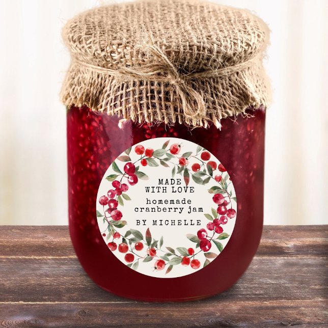 Adesivo Redondo Cranberry Wreath Watercolor Jam Canning (Criador carregado)