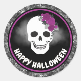 Adesivo Redondo Craniano Floral Branco & Glitter Preto Halloween