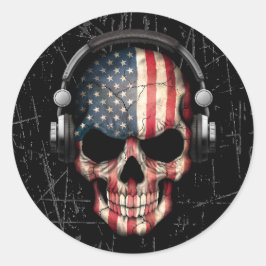 Adesivo Redondo Crânio americano Dj cravado com Fones de ouvido