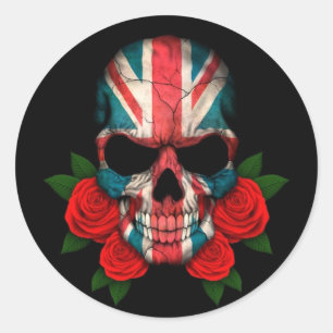 Adesivo Redondo Crânio britânico da bandeira com rosas vermelhas