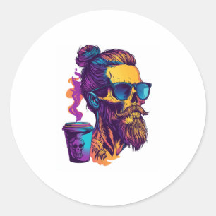 Adesivo Redondo Crânio cafeinado - Esqueleto Barista Engraçado