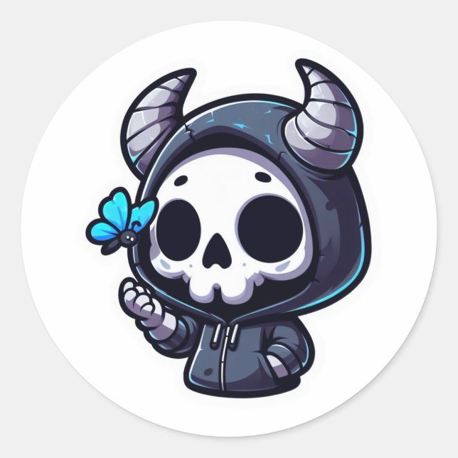 Adesivo Redondo Crânio com borboleta azul (Frente)