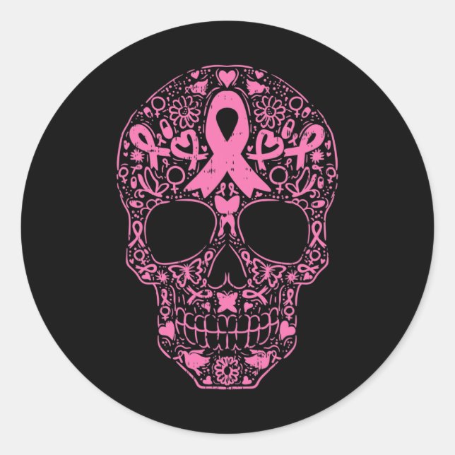 Adesivo Redondo Crânio Crânio Fita Rosa Fita Calavera Cancer Awa (Frente)