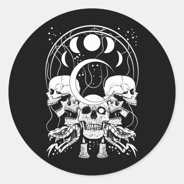 Adesivo Redondo Crânio Crescente Gótico Fases da Lua Cobra (Frente)