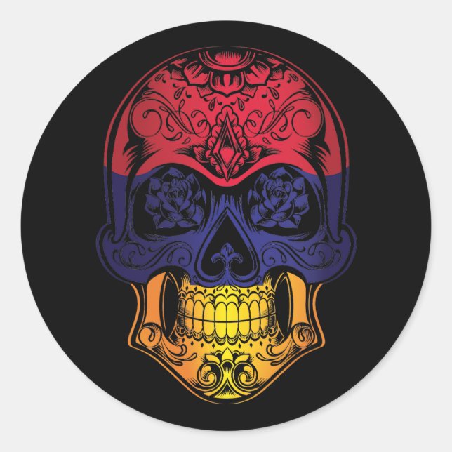 Adesivo Redondo Crânio Da Armênia E Bandeira De Rosas (Frente)