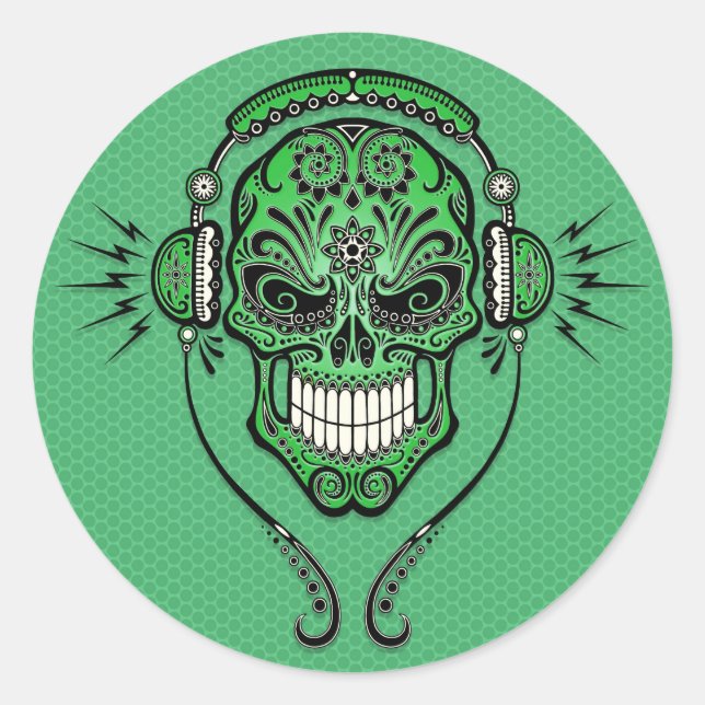 Adesivo Redondo Crânio de Açúcar DJ Verde (Frente)