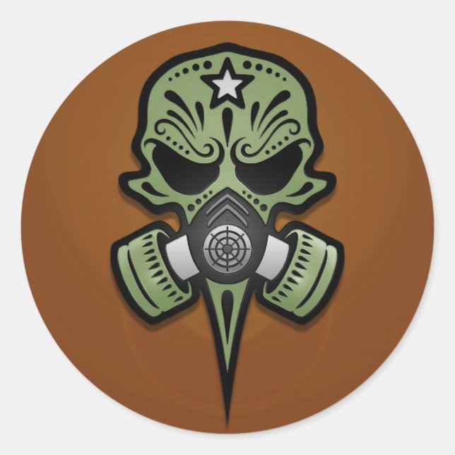 Adesivo Redondo Crânio de Açúcar em Máscara de Gás, Verde (Frente)