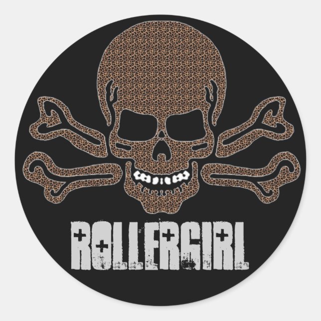 Adesivo Redondo crânio de impressão leopardo e ossos cruzados (Frente)