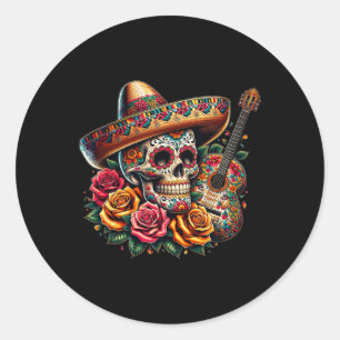 Adesivo Redondo Crânio do Cinco De Mayo Sombrero Festa Crânio Mexi