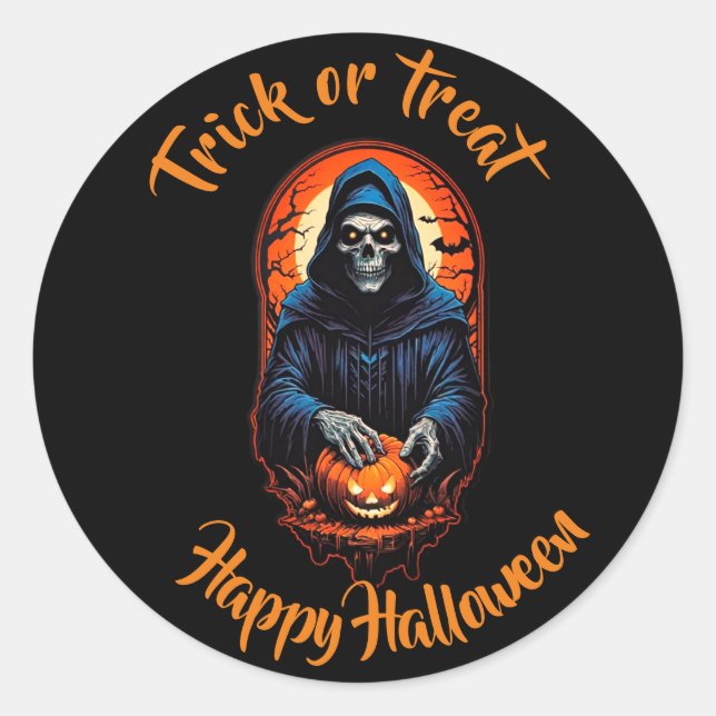 Adesivo Redondo Crânio e abóbora ou tratar o Dia das Bruxas (Frente)