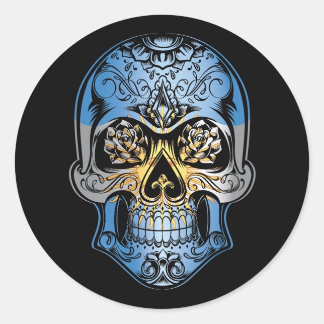 Adesivo Redondo Crânio E Bandeira De Rosas Da Argentina (Frente)