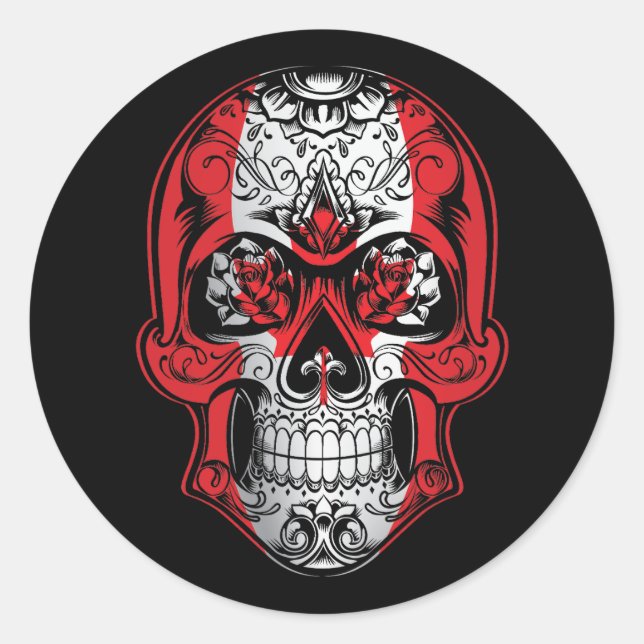 Adesivo Redondo Crânio E Bandeira De Rosas Do Canadá (Frente)